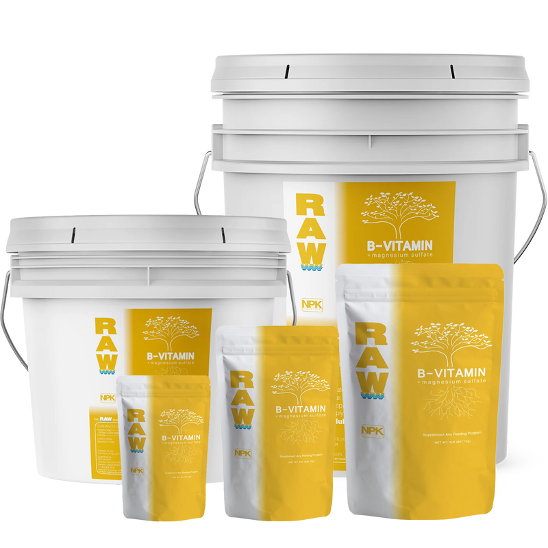 RAW B Vitamin plant supplement, available in 2oz, 8oz, 2lb, 10lb, and 25lb sizes