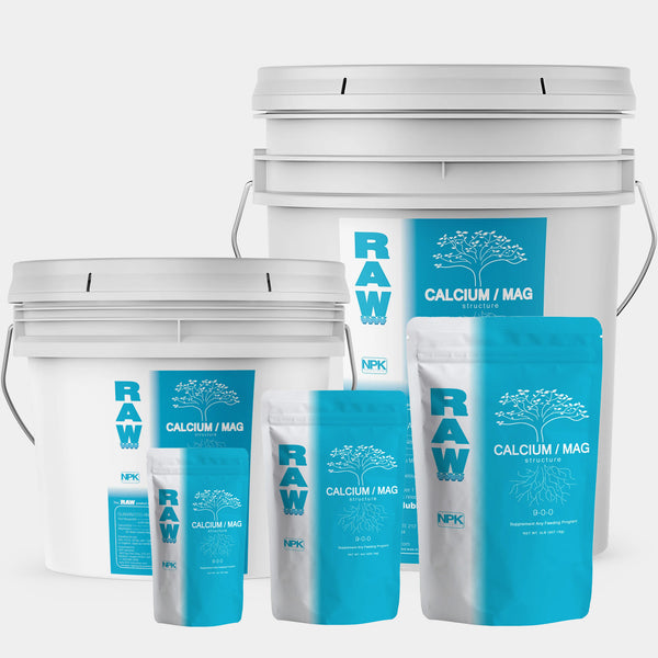 RAW Calcium/Mag supplement, showing product packaging in multiple sizes from 2oz to 25lb