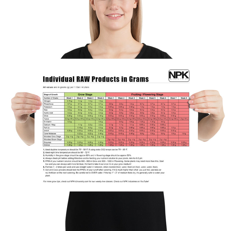 Individual RAW Products in Grams Feeding Chart Poster